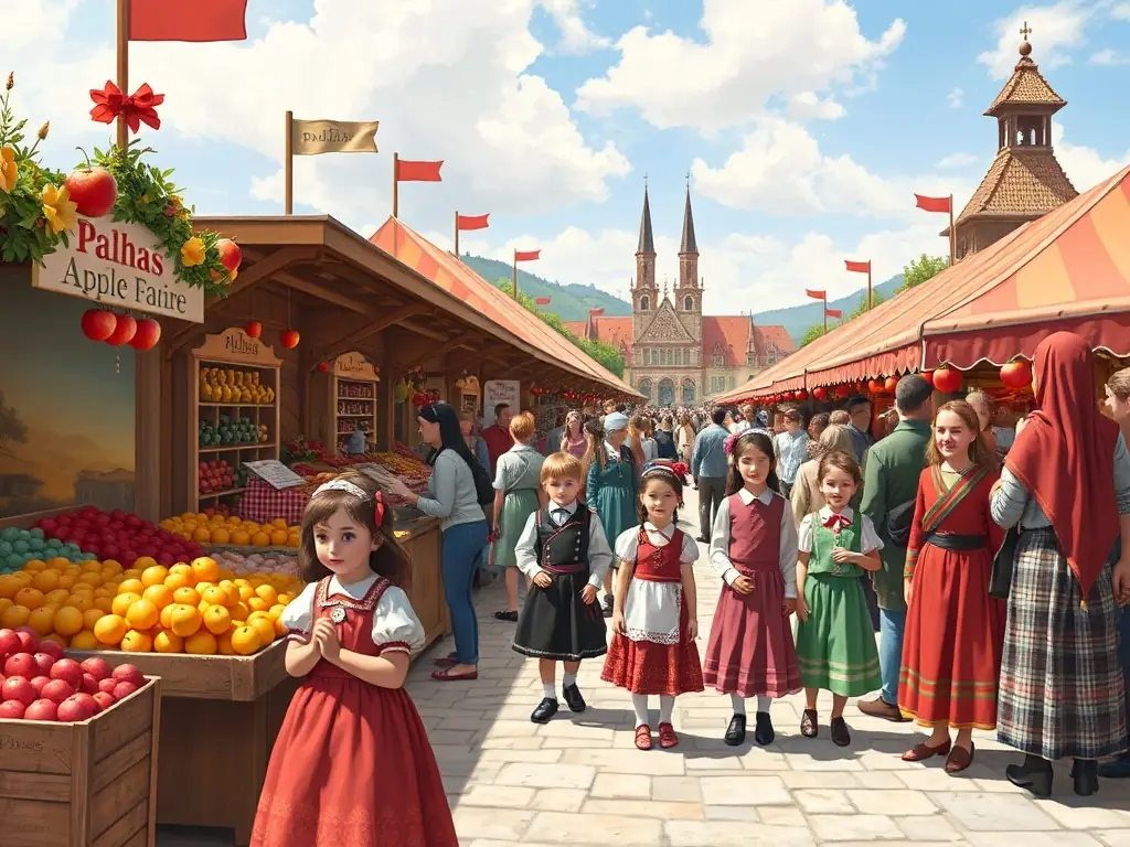 A vibrant image of the Palhàs apple fair showing families enjoying the festivities, with colorful stalls and performers in traditional costumes.