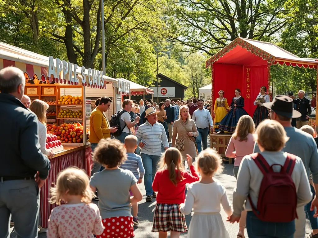 A photograph capturing the vibrant atmosphere of the annual Palhàs Apple Fair, showcasing families enjoying the festivities, colorful stalls filled with apples, and performers in traditional costumes.