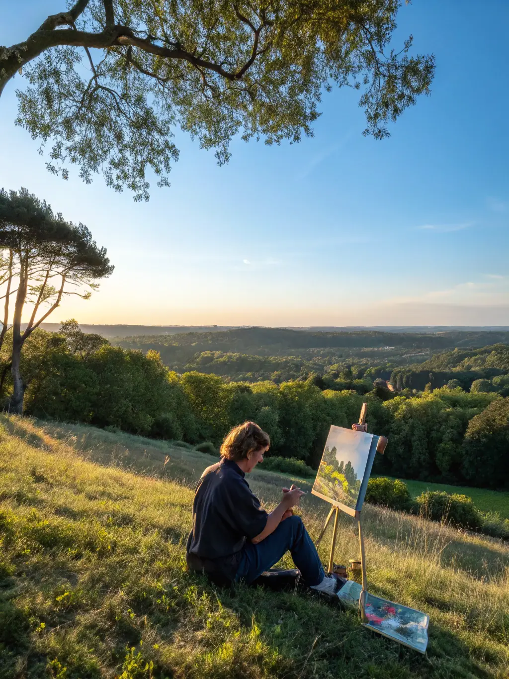 A photograph of an artist residency program organized by ASSOCIATION AUTOUR DES PALHAS, featuring an artist working on their project in a studio or outdoor setting, surrounded by the natural beauty of the region.