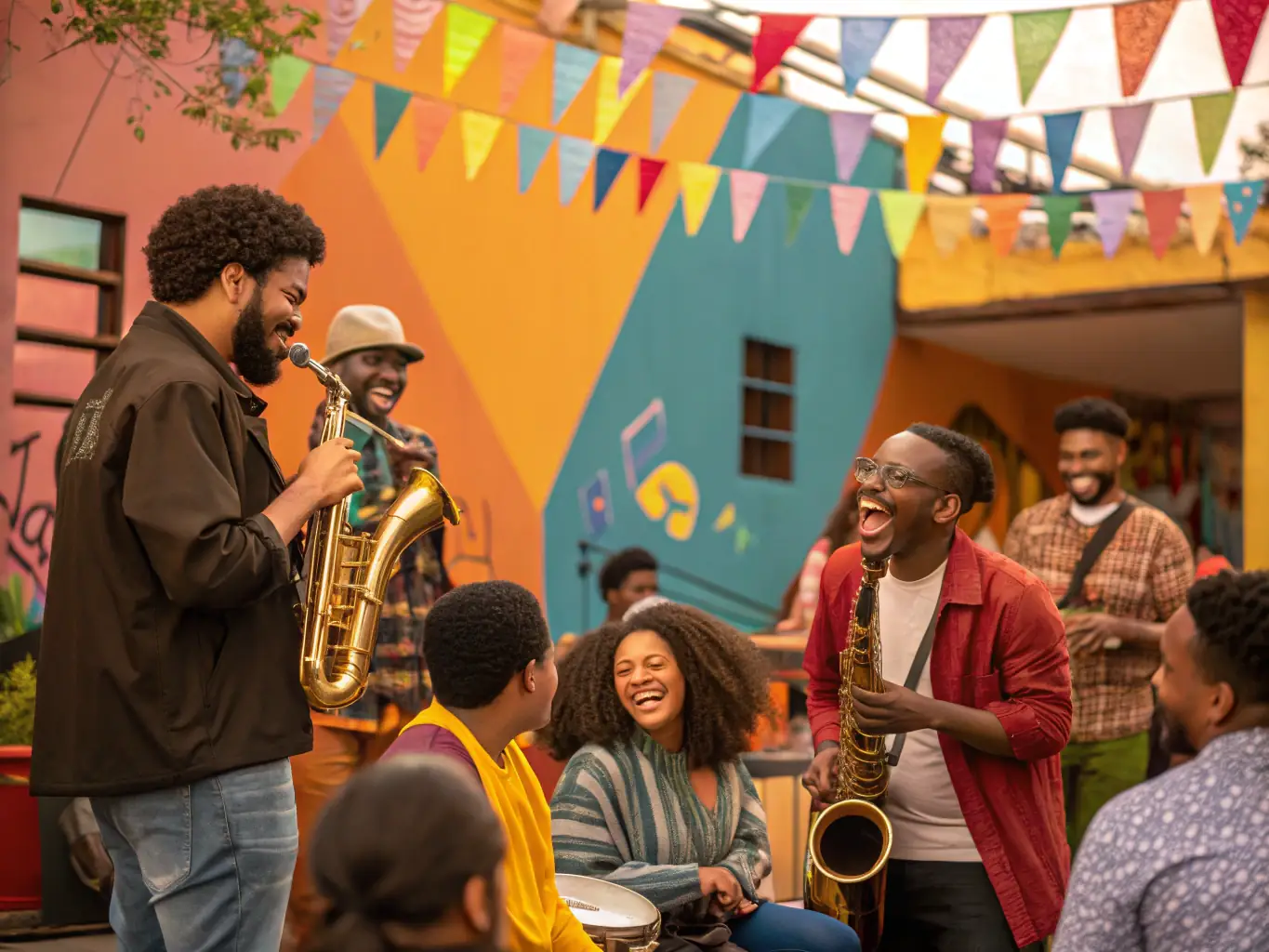 A photograph depicting a cultural gathering organized by ASSOCIATION AUTOUR DES PALHAS, featuring local artists, musicians, and community members engaged in various artistic and cultural activities.