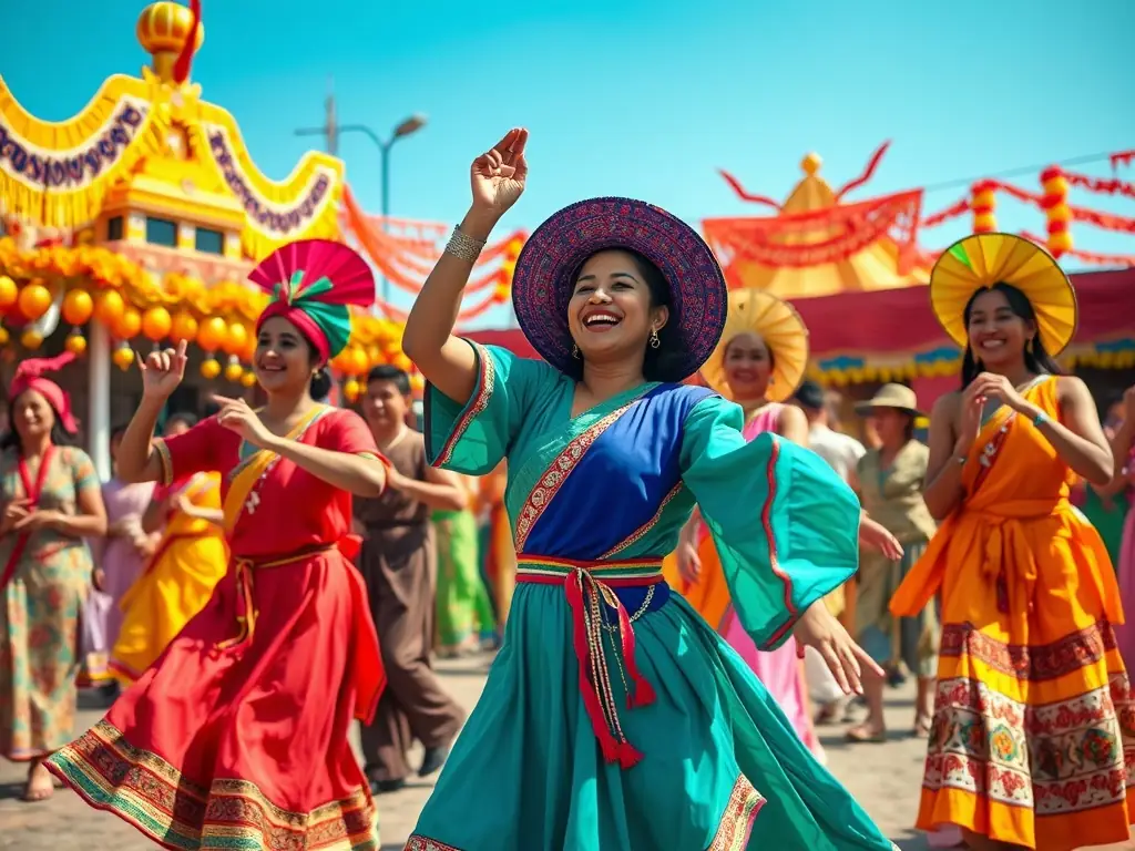 A photograph capturing a community cultural gathering, with people of all ages participating in traditional music and dance performances in a public square.