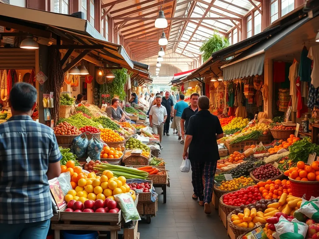 A vibrant scene from the annual Palhàs apple fair, showcasing local vendors selling apple products and traditional crafts, with families enjoying the festive atmosphere.