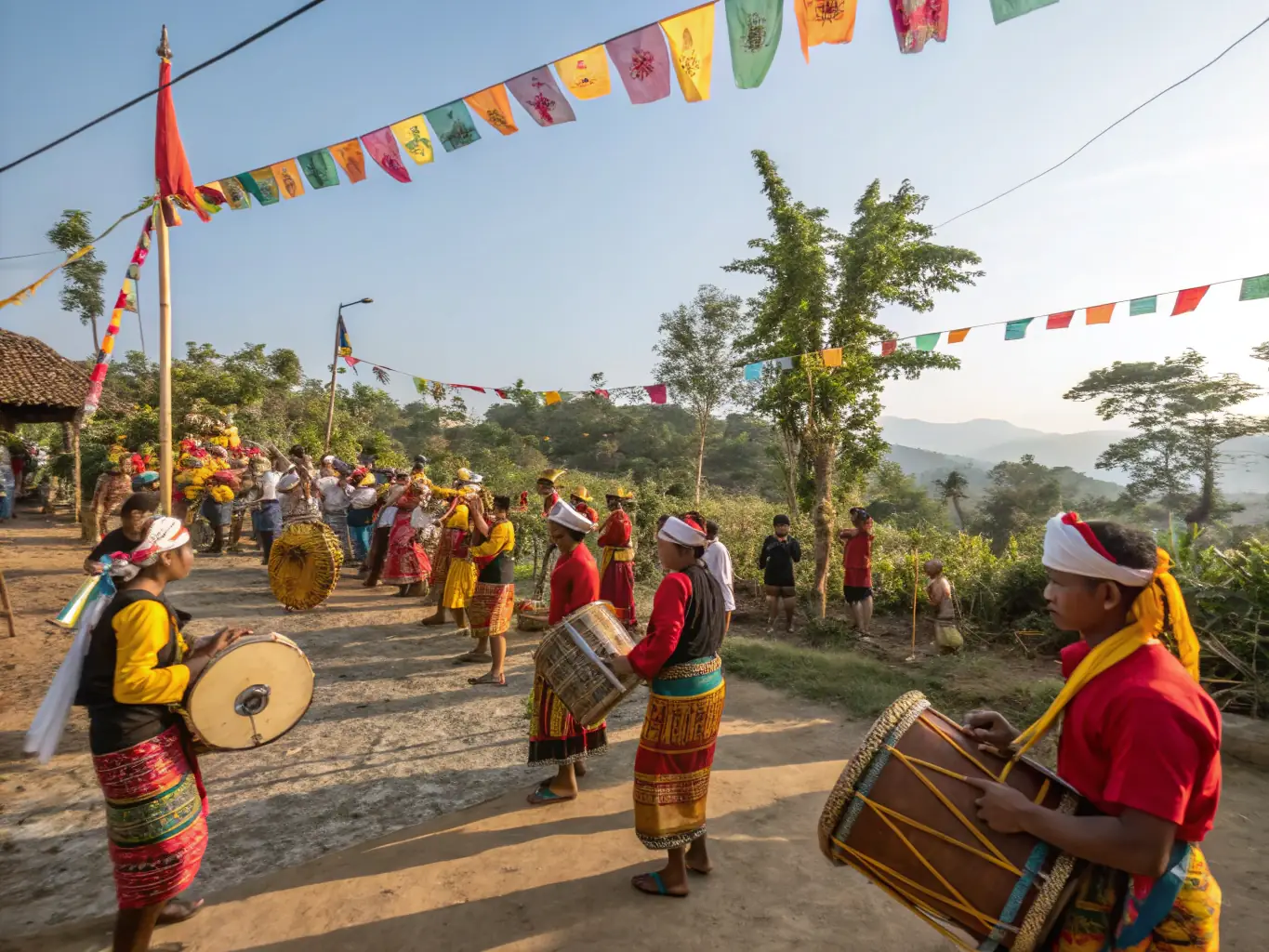 A photograph capturing a lively cultural gathering, with people of all ages participating in traditional music and dance.