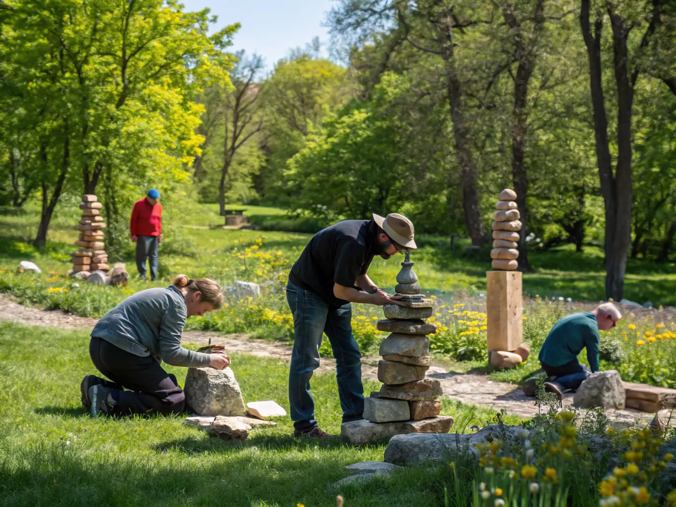 A photograph of artists working in a residency program, showcasing their creative process and interaction with the local environment.