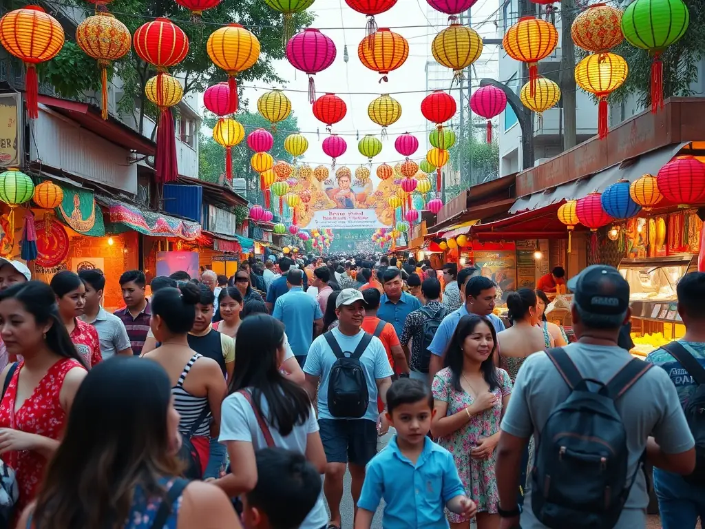 A vibrant photo capturing the energy of the annual Palhàs apple fair, showcasing local artisans, performers, and community members enjoying the festivities. The image should convey a sense of cultural pride and community spirit.