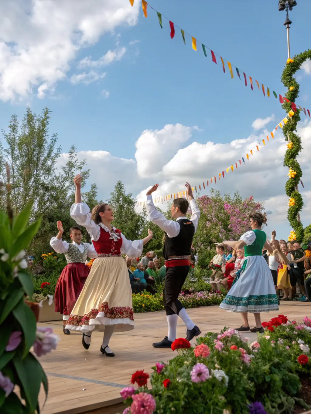 A photograph of a cultural gathering organized by ASSOCIATION AUTOUR DES PALHAS, featuring traditional music, dance, and local cuisine, with people of all ages participating.