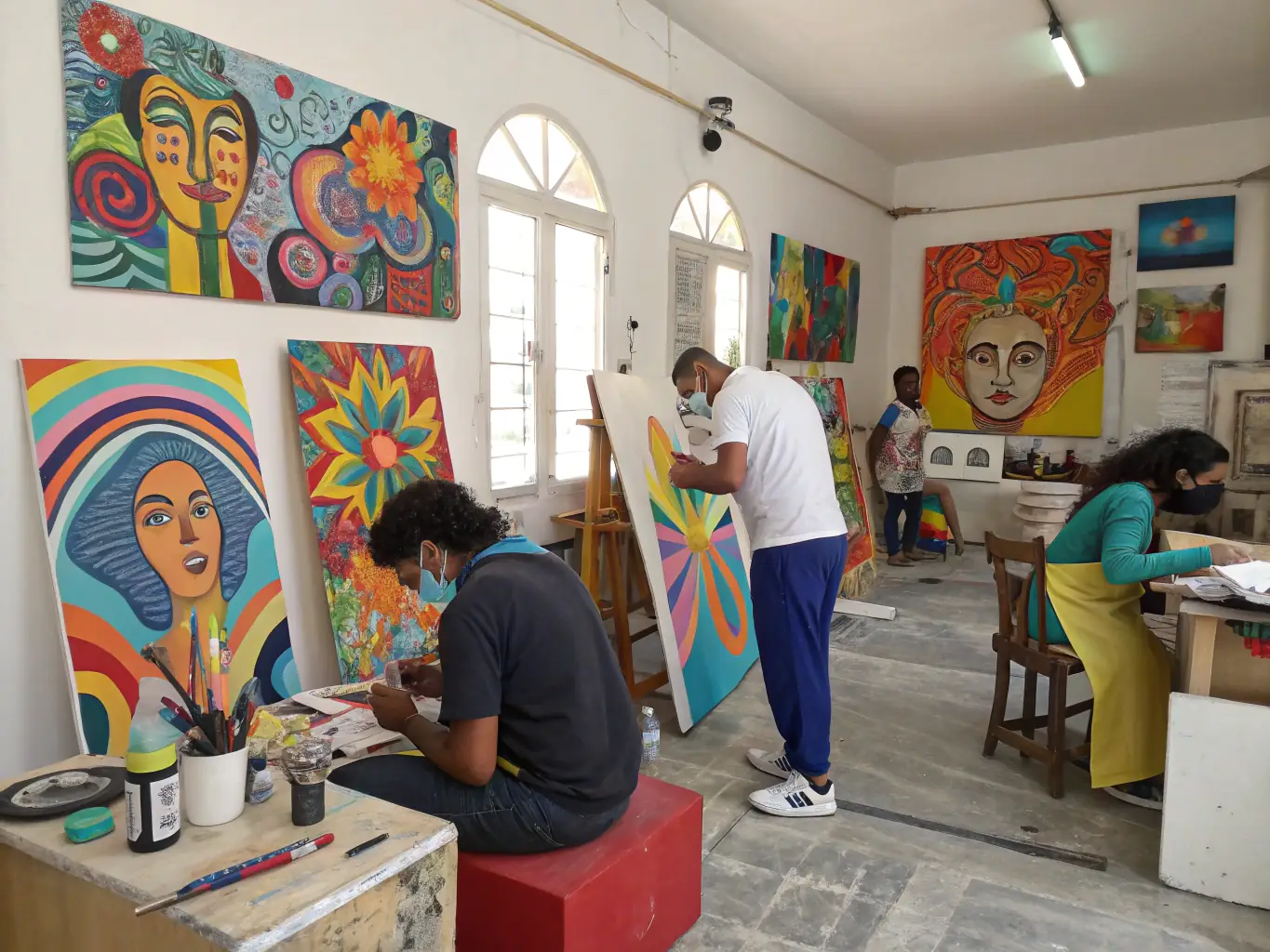A photo of artists working during an artist residency program, showcasing the creative process and the interaction between artists and the local community. The image should highlight the support for live arts and cultural exchange.