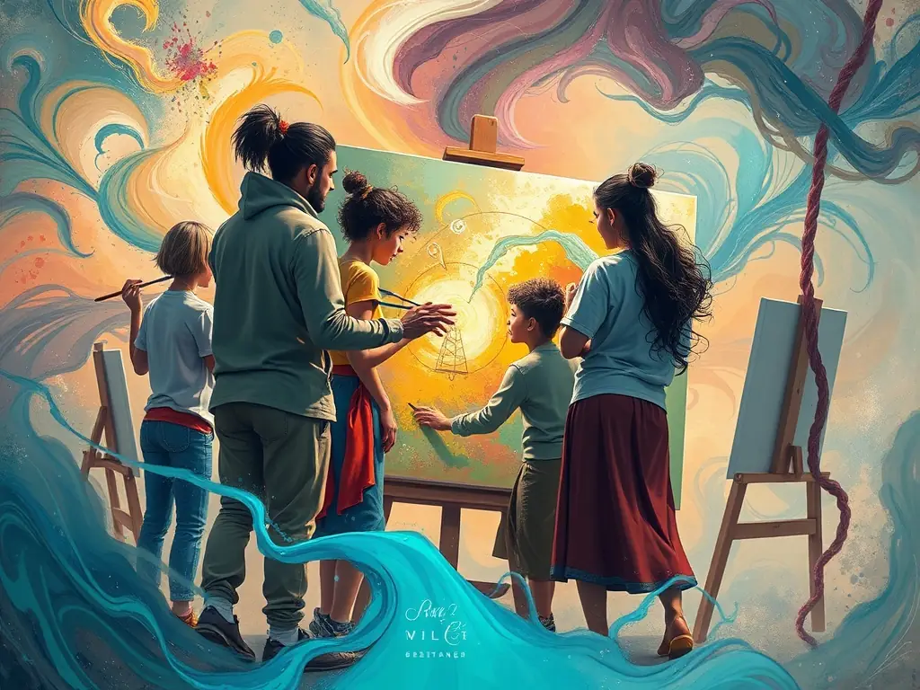 A group of artists collaborating during an artist residency program, working on various art forms such as painting, sculpture, and digital media in a rural setting.